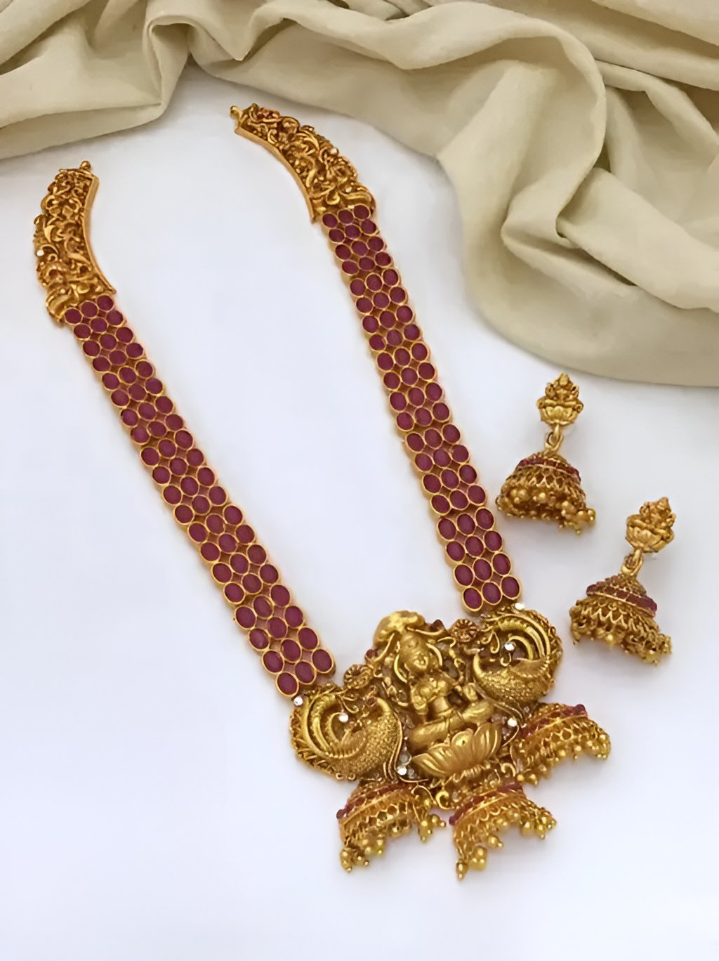 Jewel City Lakshmi Temple Haaram Necklace Set – Gold-Plated with Red Stones