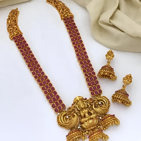 Jewel City Lakshmi Temple Haaram Necklace Set – Gold-Plated with Red Stones - Distacart