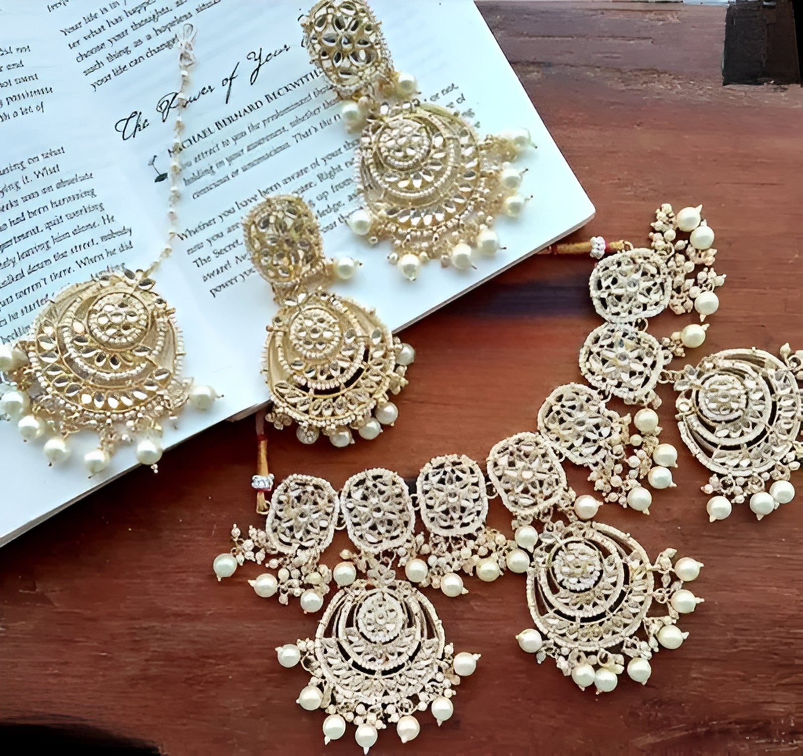 Jewel City Luxurious Pearl Gold-Plated Kundan Choker Necklace Set with Earrings & Maang Tikka-Traditional Indian Bridal Jewelry