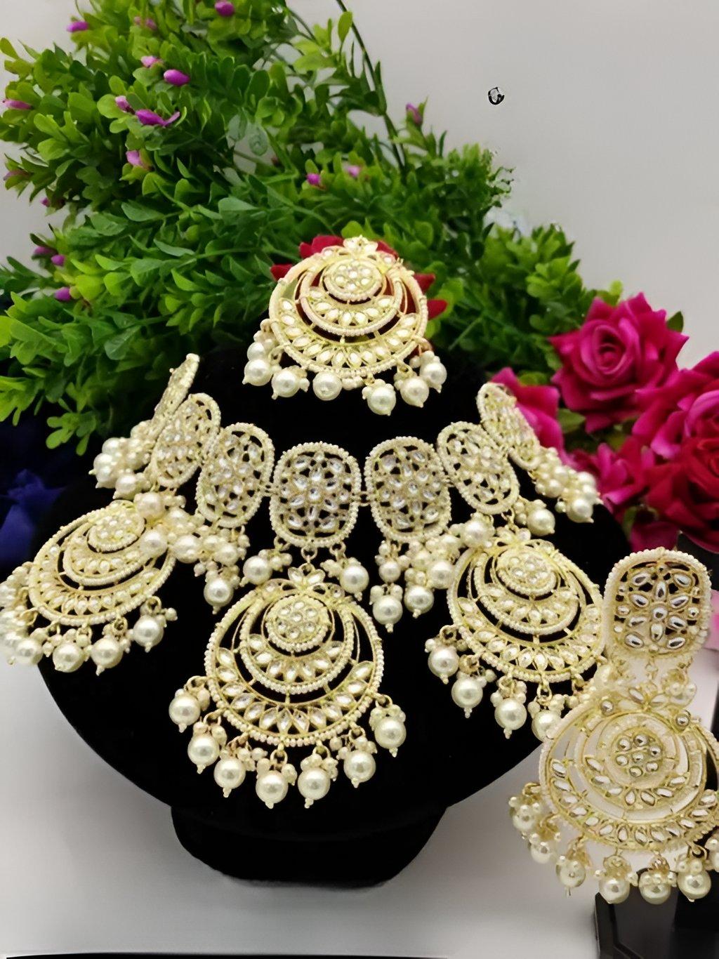 Jewel City Luxurious Pearl Gold-Plated Kundan Choker Necklace Set with Earrings & Maang Tikka-Traditional Indian Bridal Jewelry