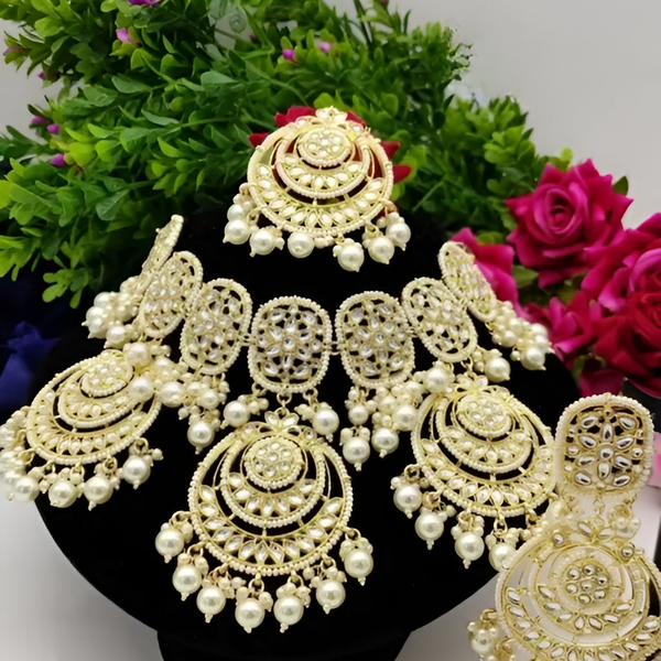 Jewel City Luxurious Pearl Gold-Plated Kundan Choker Necklace Set with Earrings & Maang Tikka-Traditional Indian Bridal Jewelry - Distacart