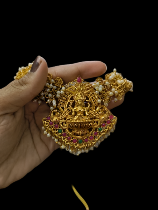 Jewel City Bridal Lakshmi Temple Necklace Set – Gold-Plated with Pearl Clusters