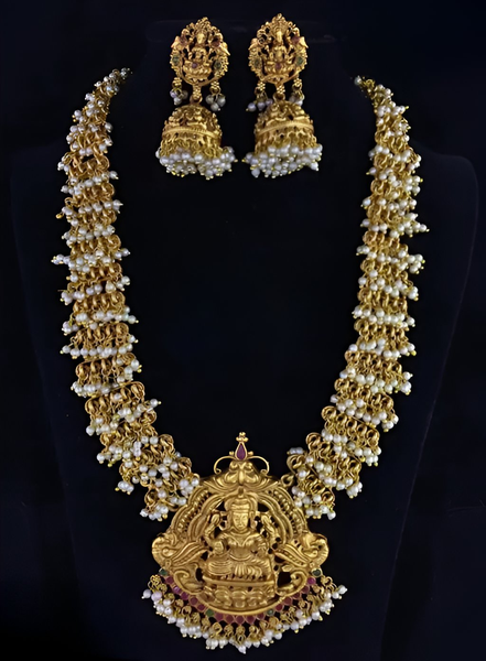 Jewel City Bridal Lakshmi Temple Necklace Set – Gold-Plated with Pearl Clusters