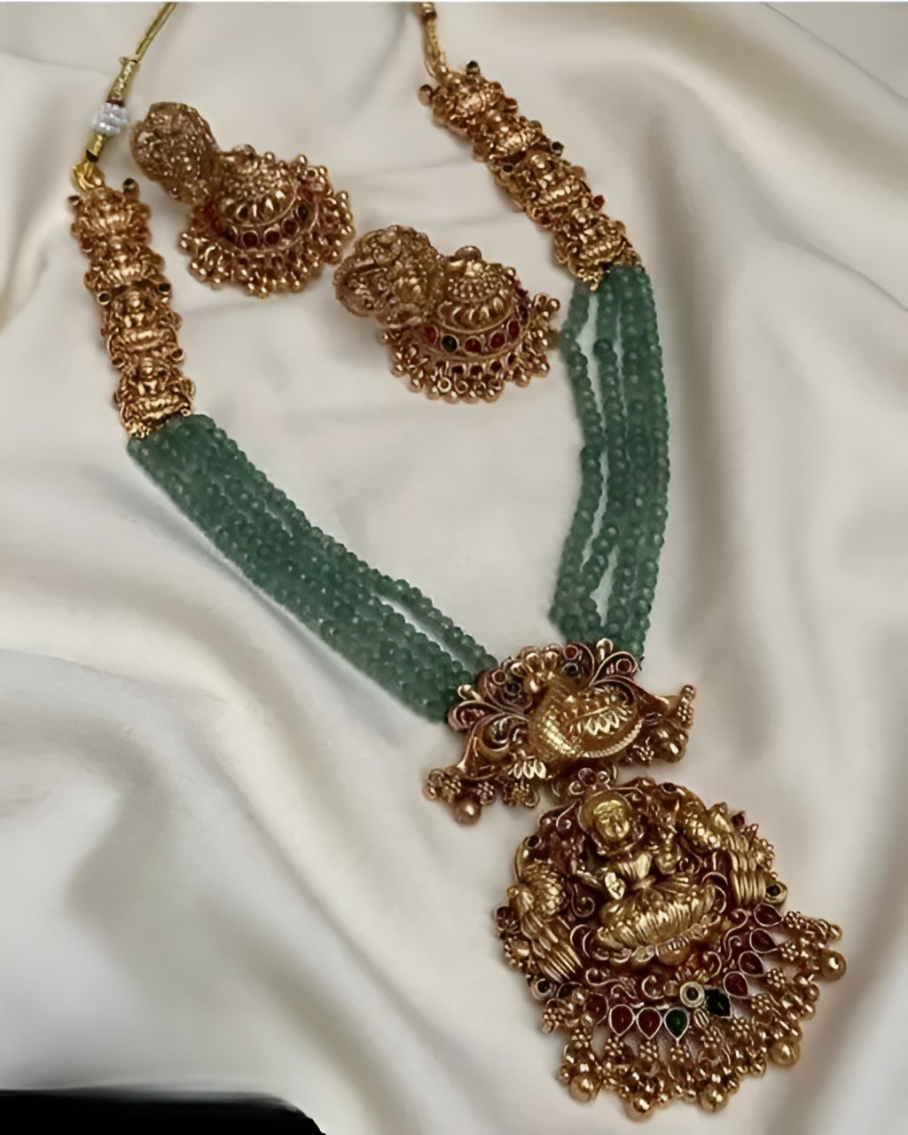 Jewel City Gold-Plated Temple Jewelry Set with Green Beads – Lakshmi & Peacock Design