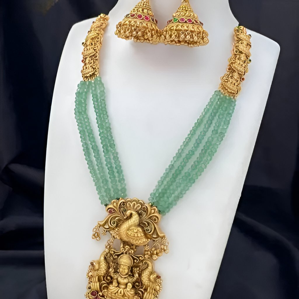 Jewel City Gold-Plated Temple Jewelry Set with Green Beads – Lakshmi & Peacock Design - Distacart
