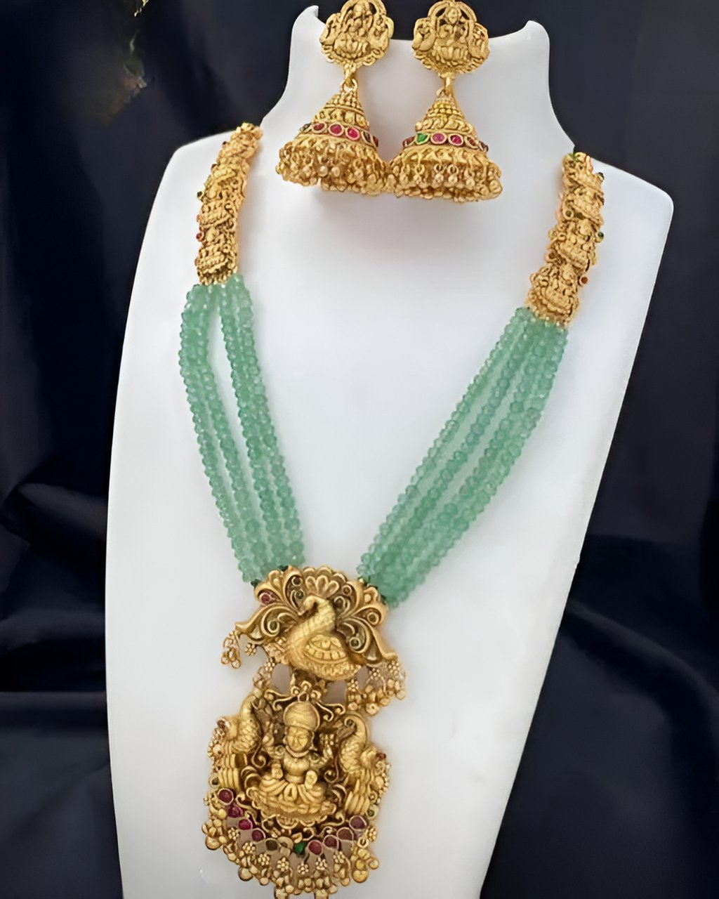 Jewel City Gold-Plated Temple Jewelry Set with Green Beads – Lakshmi & Peacock Design - Distacart