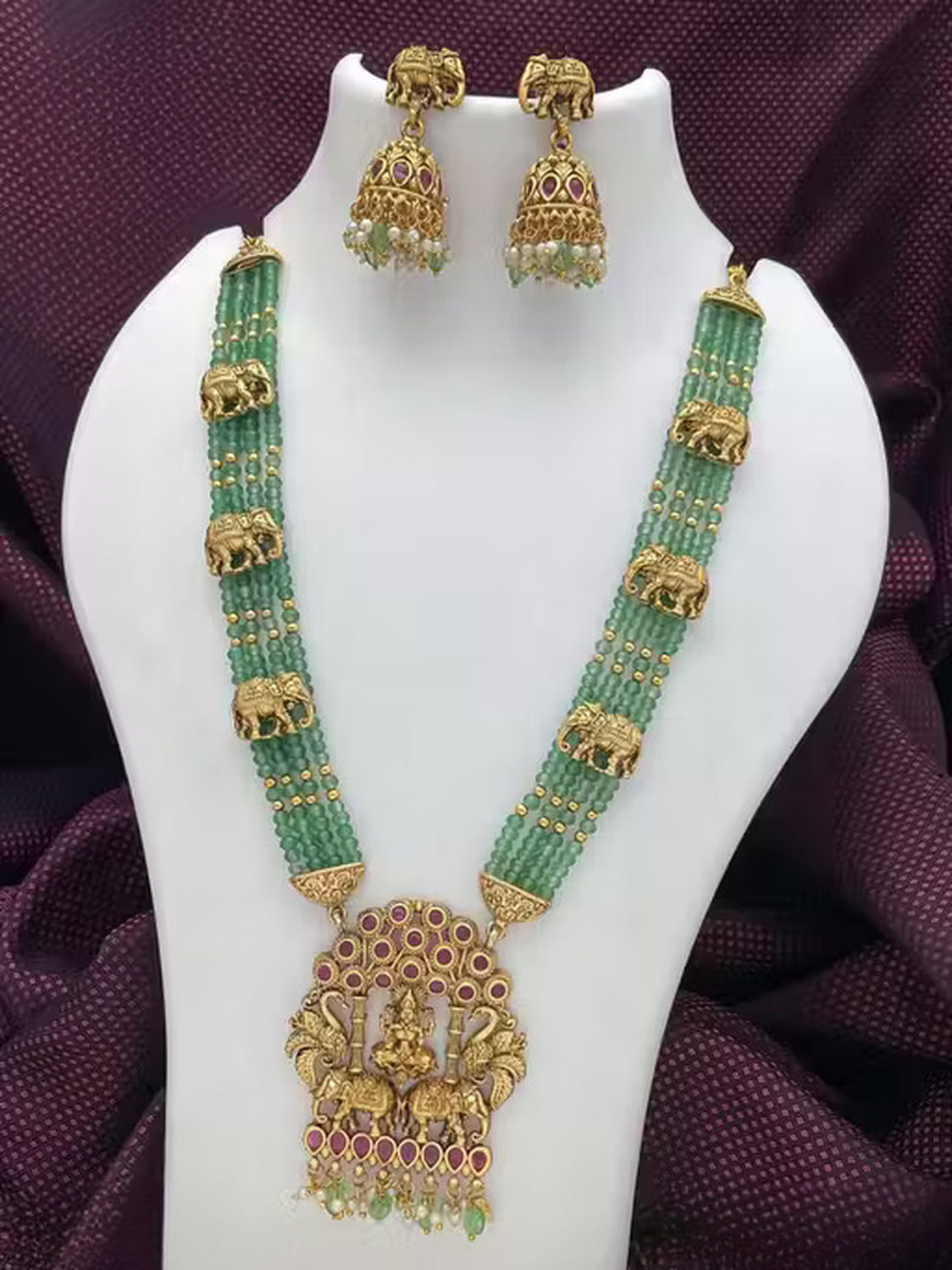 Jewel City Traditional Green Bead Temple Necklace with Lakshmi Pendant & Elephant Motif – Antique Gold-Plated South Indian Jewelry