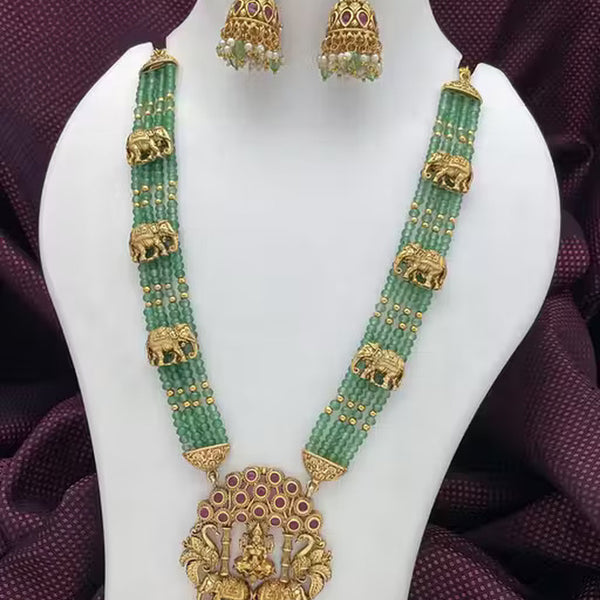 Jewel City Traditional Green Bead Temple Necklace with Lakshmi Pendant & Elephant Motif – Antique Gold-Plated South Indian Jewelry