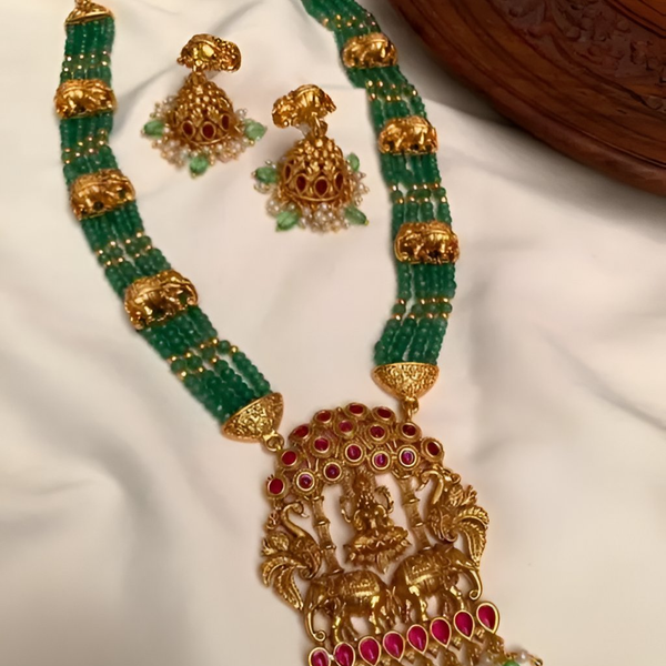 Jewel City Emerald Temple Jewelry Set | Antique Gold Lakshmi Pendant Necklace with Elephant Motifs - Distacart