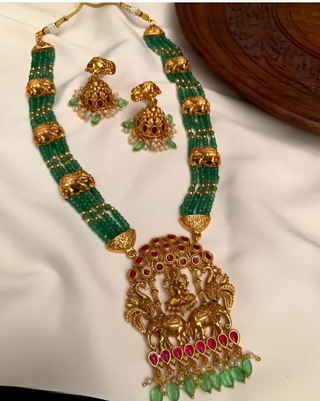 Jewel City Emerald Temple Jewelry Set | Antique Gold Lakshmi Pendant Necklace with Elephant Motifs