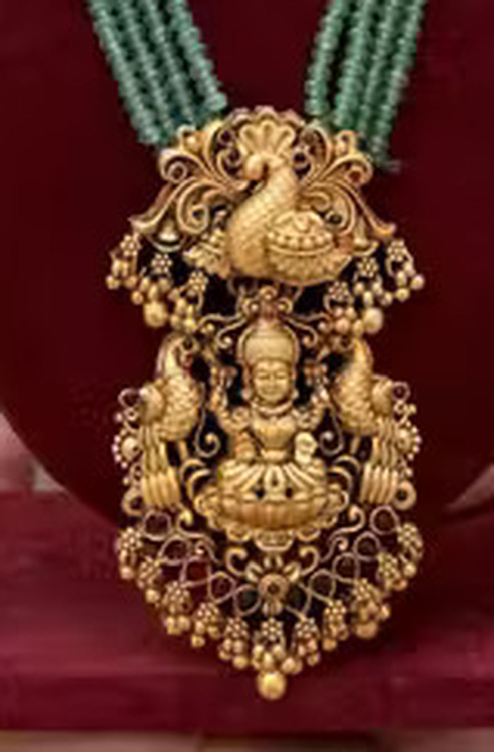 Jewel City Traditional Multi-Strand Green Temple Lakshmi Pendant Necklace Set Antique Gold-Plated South Indian Bridal Jewelry Set