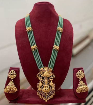 Jewel City Traditional Multi-Strand Green Temple Lakshmi Pendant Necklace Set Antique Gold-Plated South Indian Bridal Jewelry Set - Distacart