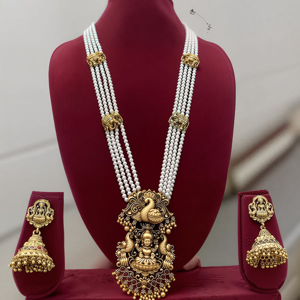Jewel City Traditional Multi-Strand White Temple Lakshmi Pendant Necklace Set Antique Gold-Plated South Indian Bridal Jewelry Set