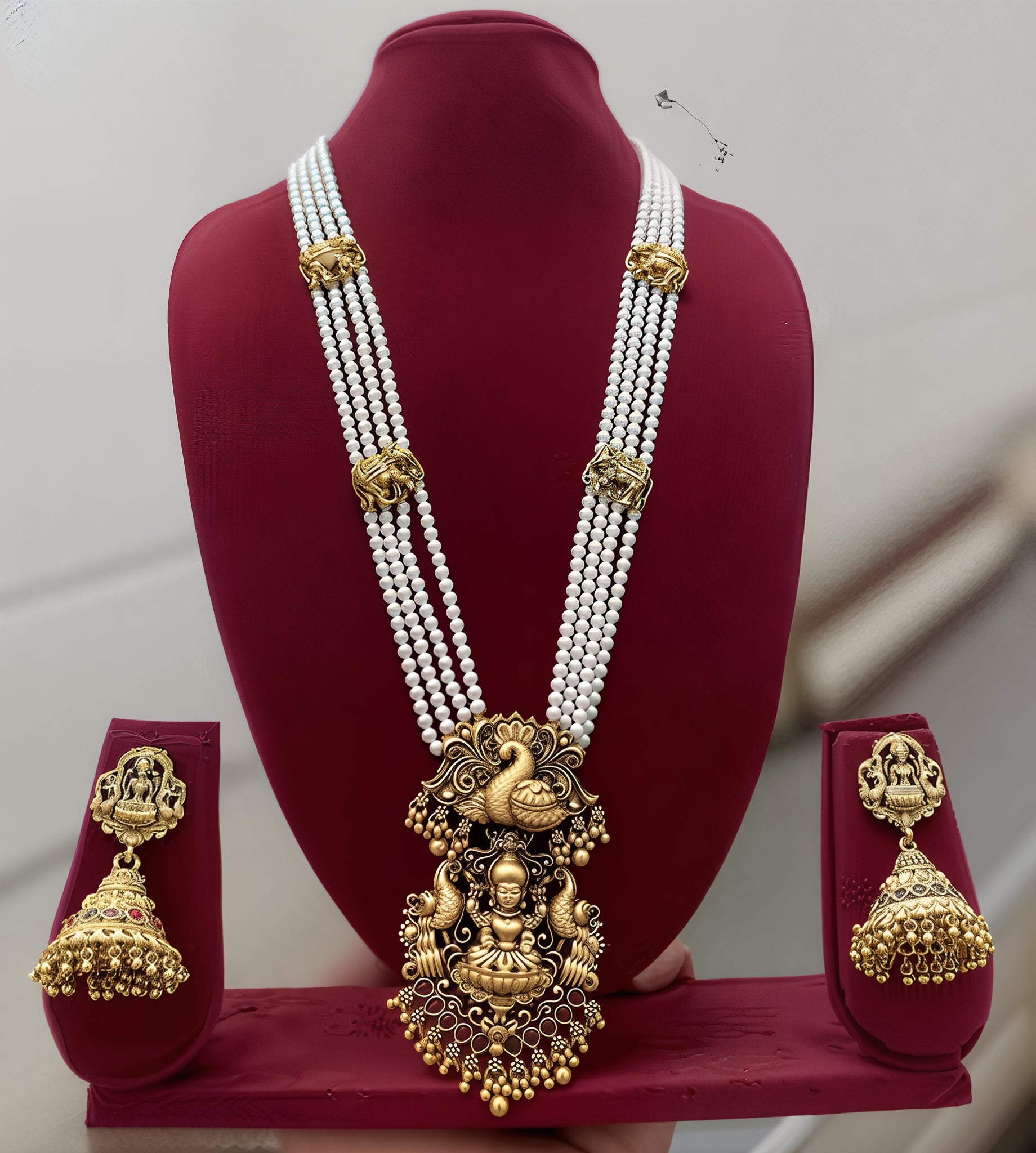 Jewel City Traditional Multi-Strand White Temple Lakshmi Pendant Necklace Set Antique Gold-Plated South Indian Bridal Jewelry Set - Distacart