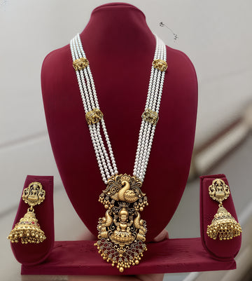 Jewel City Traditional Multi-Strand White Temple Lakshmi Pendant Necklace Set Antique Gold-Plated South Indian Bridal Jewelry Set - Distacart