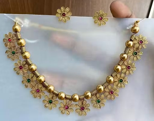 Jewel City Handcrafted Gold-Plated Floral Choker Necklace Set with Red & Green Stones – Ethnic Bridal Jewelry Set