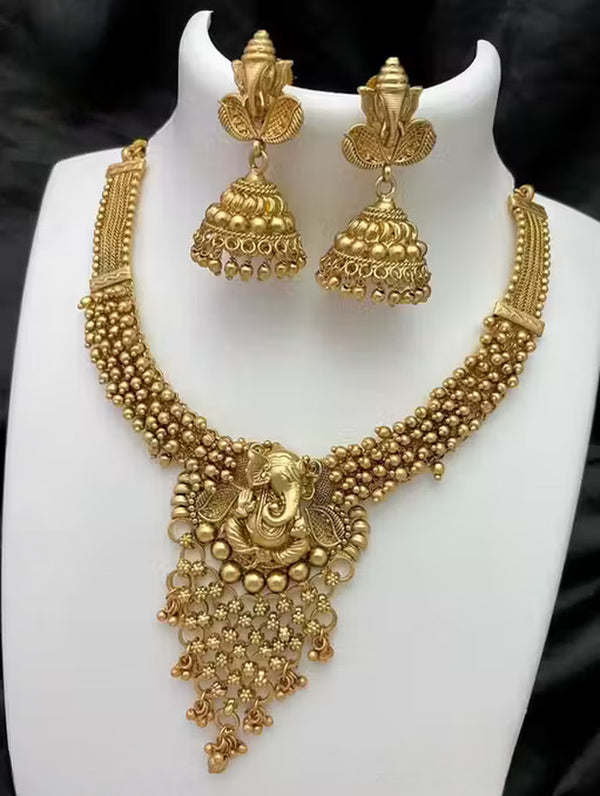Jewel City Traditional Antique Gold-Plated Temple Necklace Set with Ganesha Pendant & Jhumka Earrings Ethnic South Indian Bridal Jewelry for Women