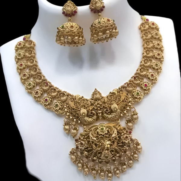 Jewel City Royal Antique Gold Peacock Motif Necklace Set with Jhumka Earrings - Premium Bridal Temple Jewelry with Ruby & Emerald Accents - Distacart