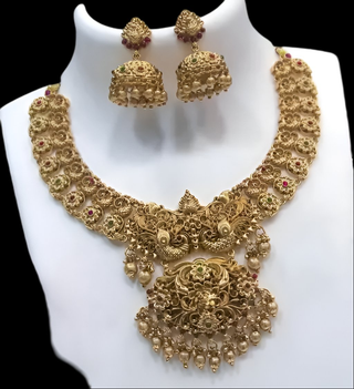 Jewel City Royal Antique Gold Peacock Motif Necklace Set with Jhumka Earrings - Premium Bridal Temple Jewelry with Ruby & Emerald Accents