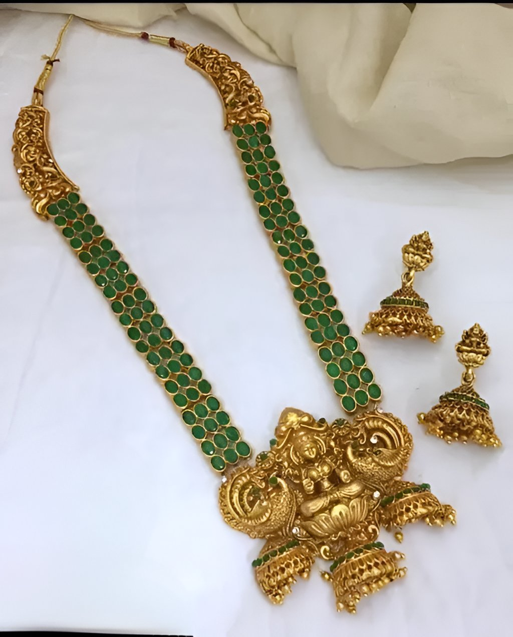 Jewel City Temple Gold Lakshmi Necklace with Green Stone - Traditional Indian Handcrafted Jewelry for Wedding, Festival & Occasions