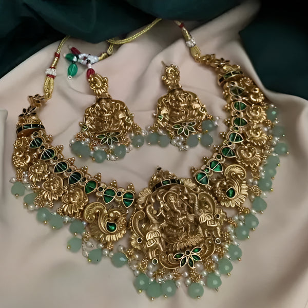 Jewel City Temple Gold Ganesh Necklace Set with Emerald Green Stones & Pearl Droplets Traditional Ethnic Indian Bridal Jewelry Set - Distacart