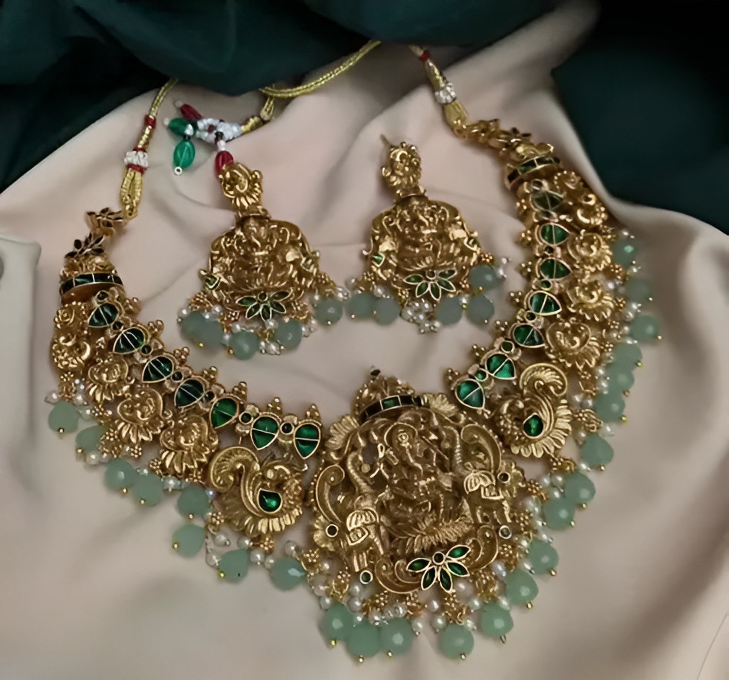 Jewel City Temple Gold Ganesh Necklace Set with Emerald Green Stones & Pearl Droplets Traditional Ethnic Indian Bridal Jewelry Set - Distacart