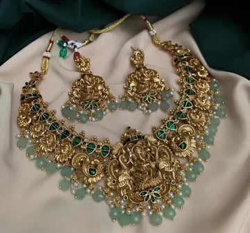 Jewel City Temple Gold Ganesh Necklace Set with Emerald Green Stones & Pearl Droplets Traditional Ethnic Indian Bridal Jewelry Set - Distacart