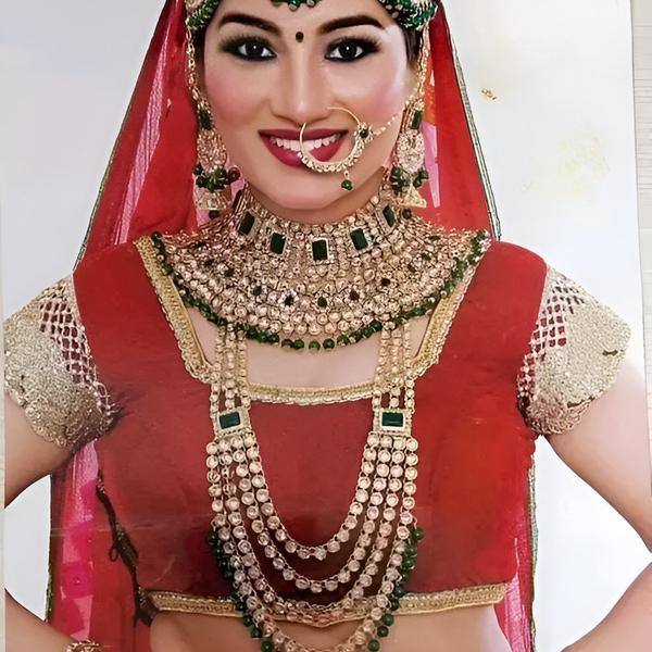 Jewel City Royal Indian Bridal Kundan Jewelry Set with Green Beads Handcrafted Gold-Plated Full Dulhan Set for Wedding & Festivals - Distacart