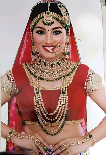 Jewel City Royal Indian Bridal Kundan Jewelry Set with Green Beads Handcrafted Gold-Plated Full Dulhan Set for Wedding & Festivals