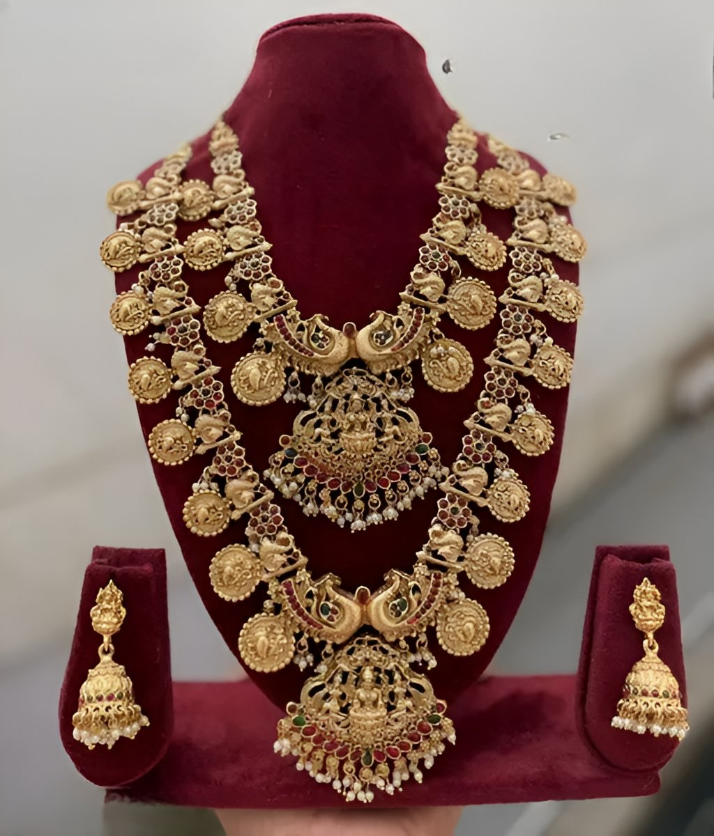 Jewel City Goddess Lakshmi Temple Jewelry Set - Antique Gold-Plated Coin Necklace with Jhumka Earrings - South Indian Wedding Bridal Collection