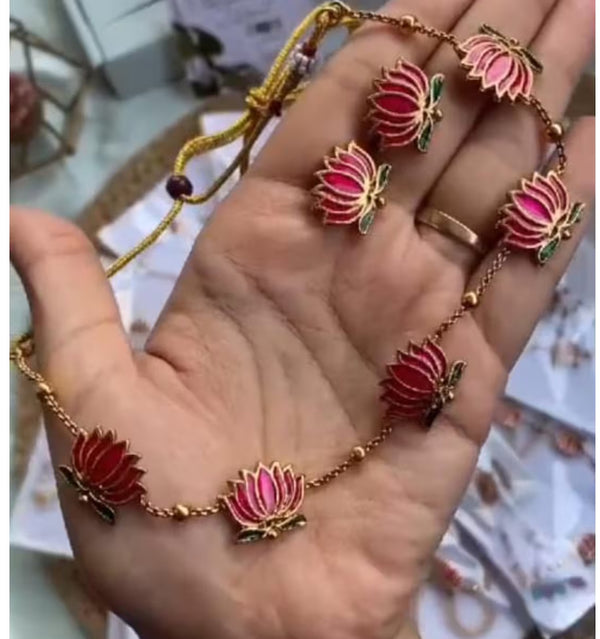 Jewel City Handcrafted Lotus Meenakari Necklace & Stud Earrings Set – Gold-Plated Ethnic Floral Jewelry Wear