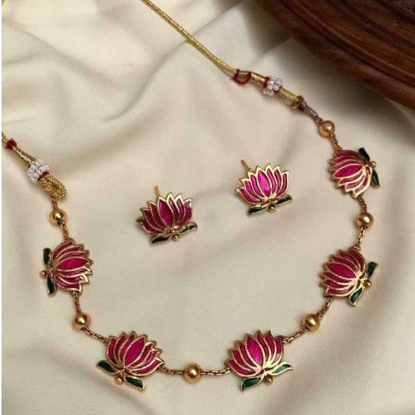 Jewel City Handcrafted Lotus Meenakari Necklace & Stud Earrings Set – Gold-Plated Ethnic Floral Jewelry Wear