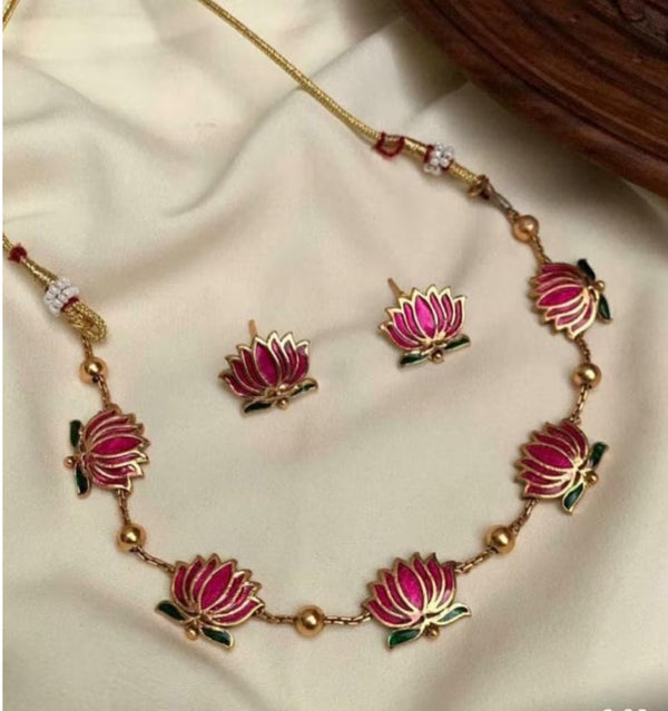 Jewel City Handcrafted Lotus Meenakari Necklace & Stud Earrings Set – Gold-Plated Ethnic Floral Jewelry Wear