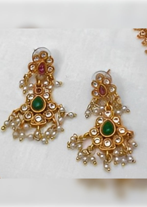 Jewel City Elegant Gold-Plated Guttapusalu Necklace Set with Pearl and Emerald Accents