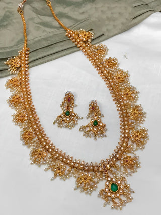 Jewel City Elegant Gold-Plated Guttapusalu Necklace Set with Pearl and Emerald Accents