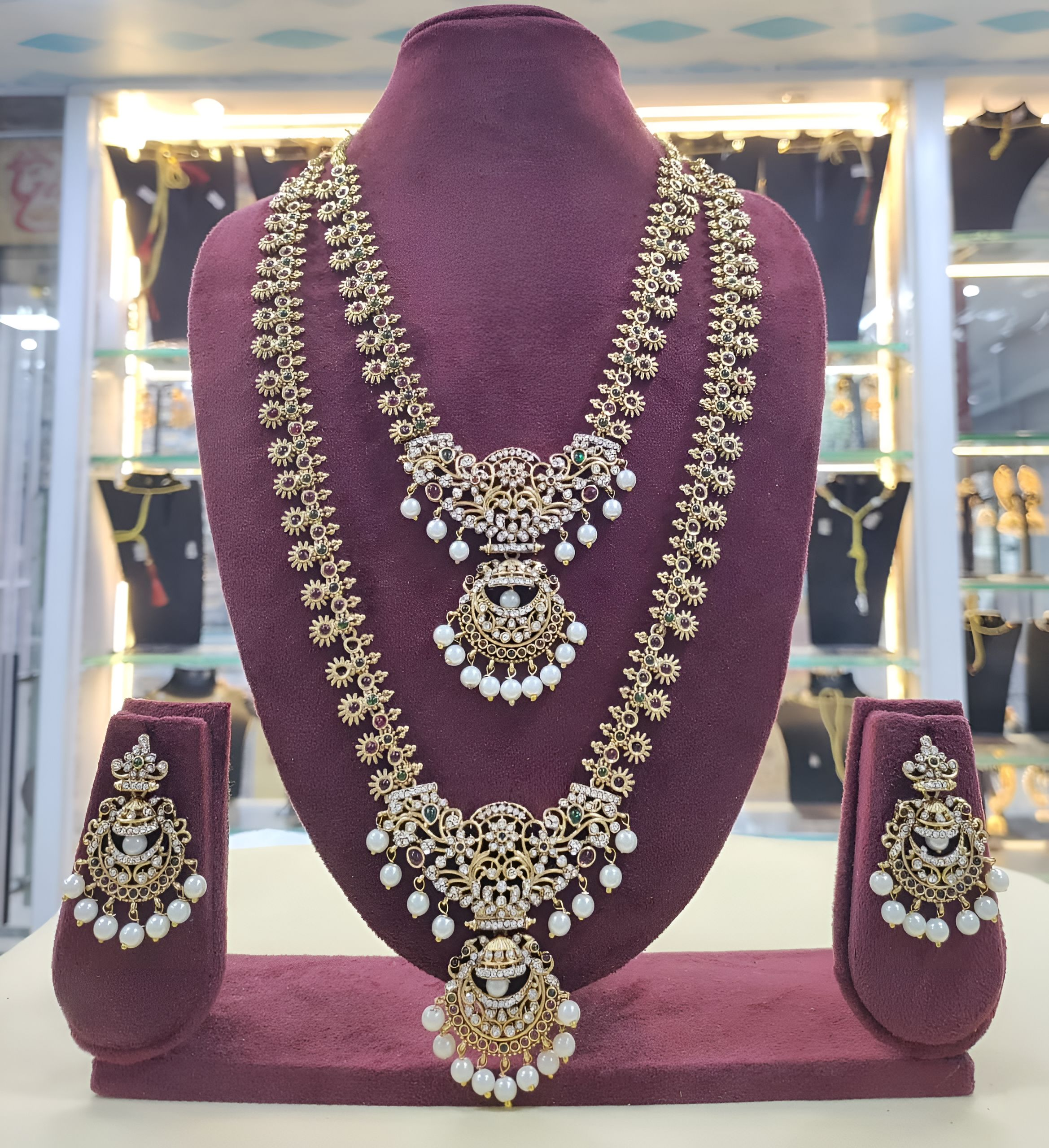 Jewel City Antique Temple Design Bridal Necklace Set with Chandbali Earrings - Pearl Embellished Gold-Plated Traditional Jewelry