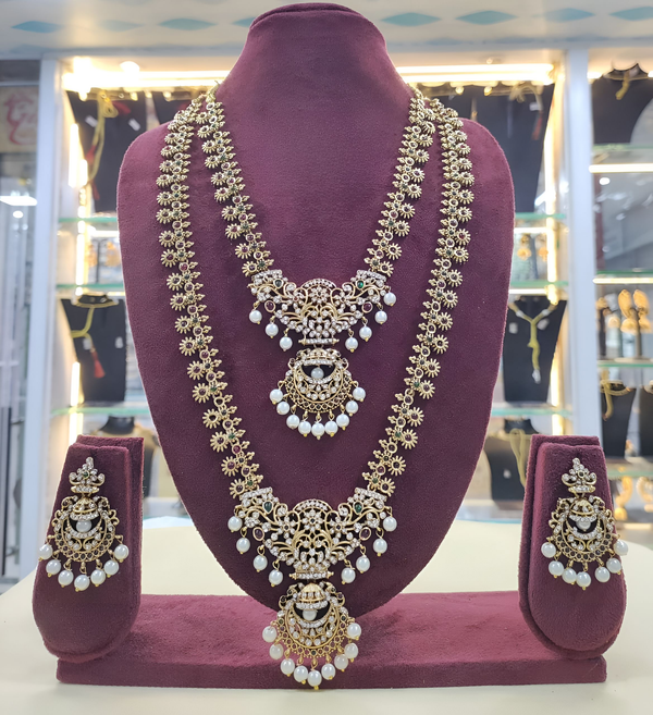 Jewel City Antique Temple Design Bridal Necklace Set with Chandbali Earrings - Pearl Embellished Gold-Plated Traditional Jewelry