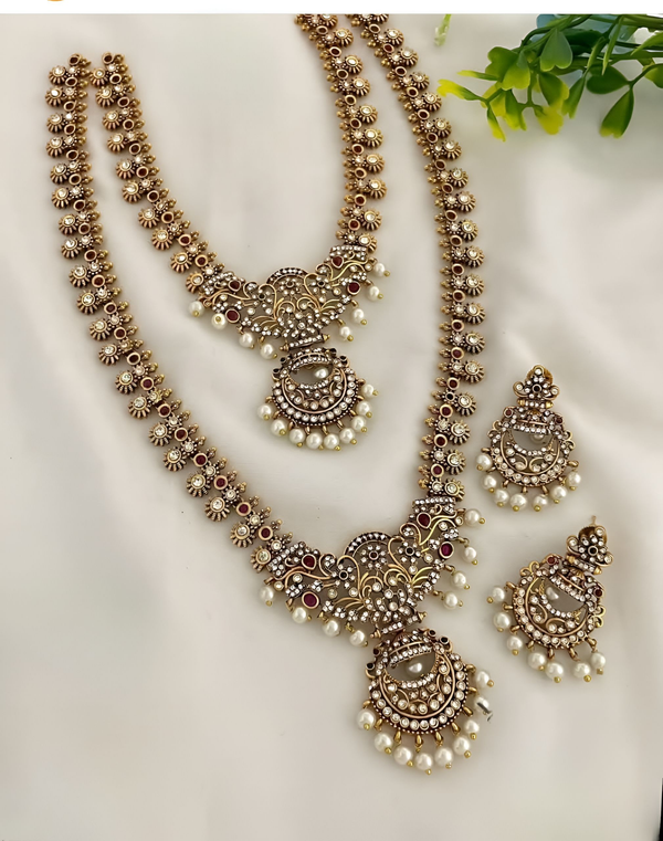 Jewel City Antique Temple Design Bridal Necklace Set with Chandbali Earrings - Pearl Embellished Gold-Plated Traditional Jewelry