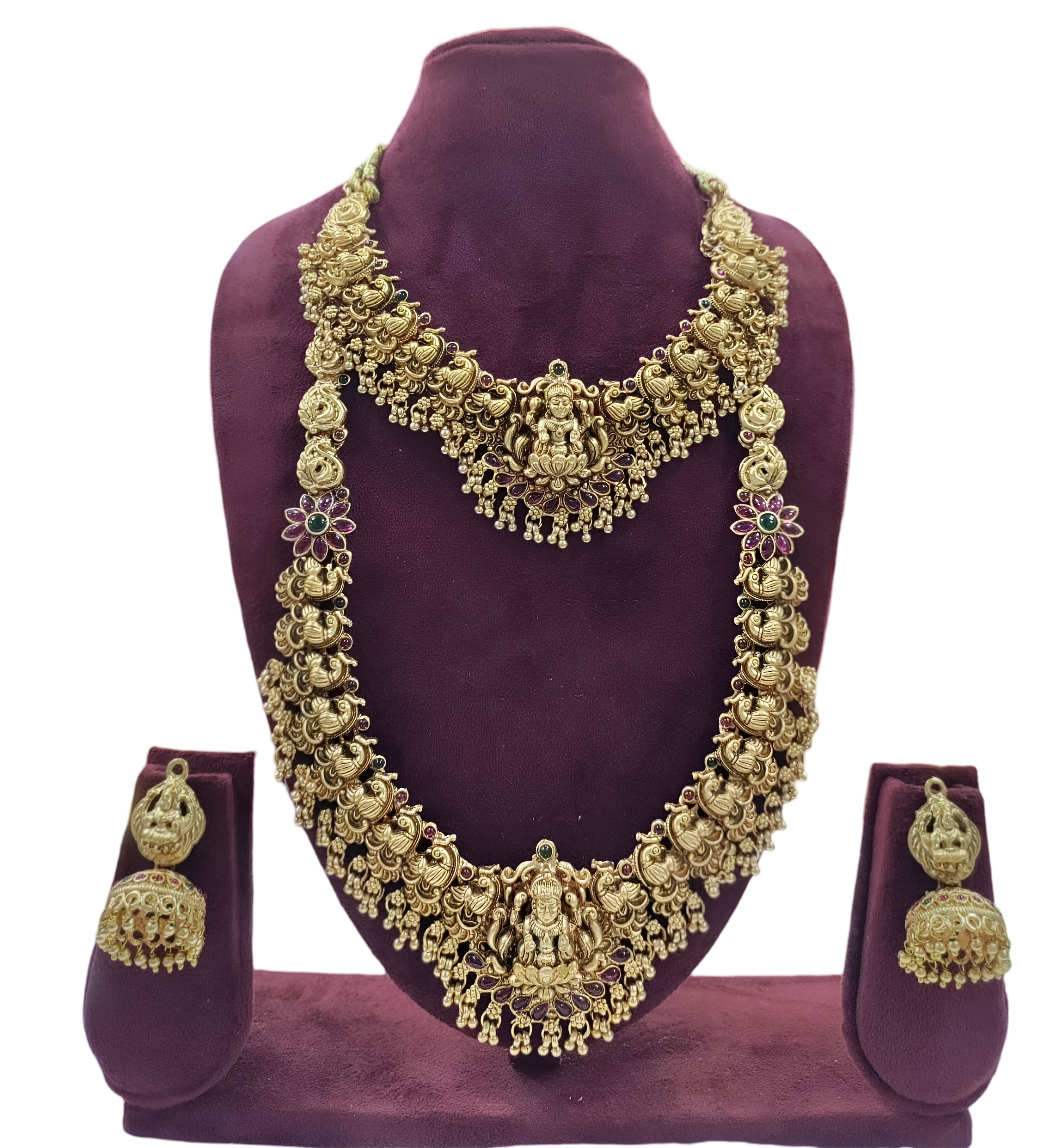 Jewel City Lakshmi Temple Jewelry Set - Gold-Plated Long Necklace with Choker & Earrings - Kemp Stone Traditional Bridal Collection
