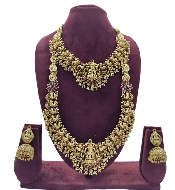 Jewel City Lakshmi Temple Jewelry Set - Gold-Plated Long Necklace with Choker & Earrings - Kemp Stone Traditional Bridal Collection