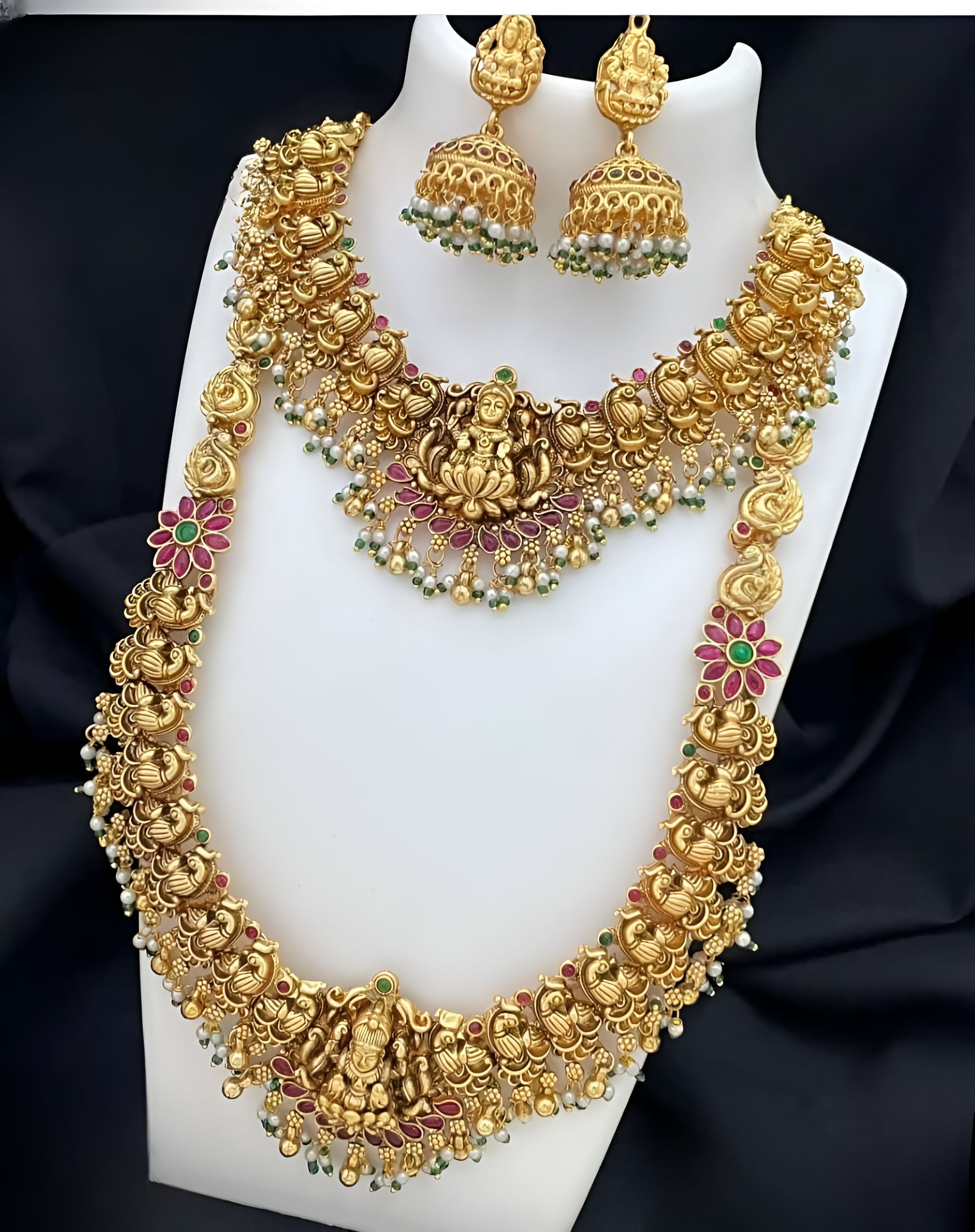 Jewel City Lakshmi Temple Jewelry Set - Gold-Plated Long Necklace with Choker & Earrings - Kemp Stone Traditional Bridal Collection