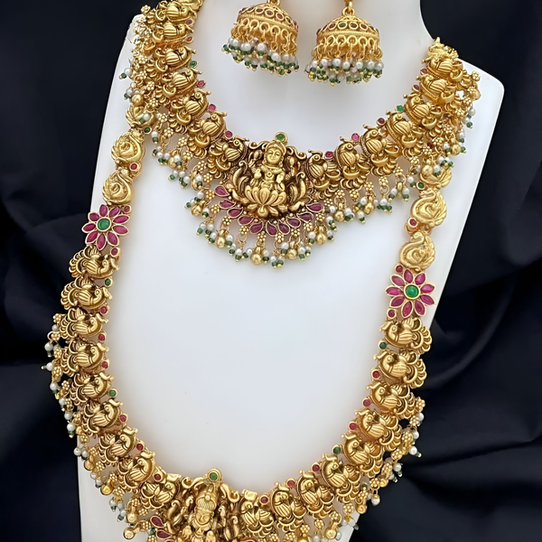 Jewel City Lakshmi Temple Jewelry Set - Gold-Plated Long Necklace with Choker & Earrings - Kemp Stone Traditional Bridal Collection - Distacart