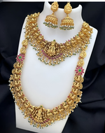 Thumbnail for Jewel City Lakshmi Temple Jewelry Set - Gold-Plated Long Necklace with Choker & Earrings - Kemp Stone Traditional Bridal Collection