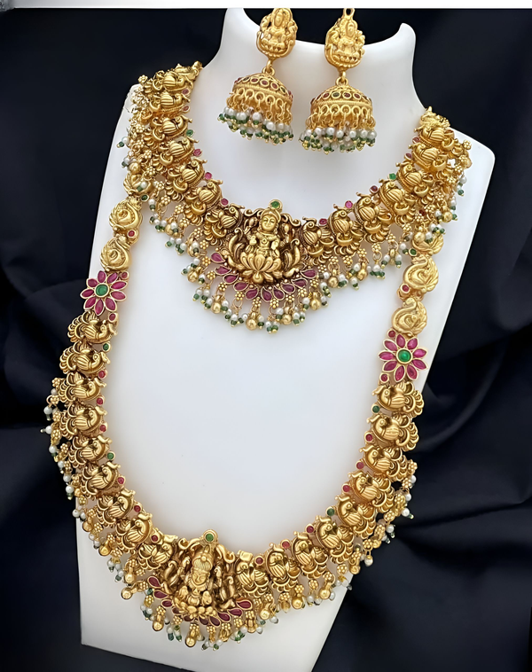 Jewel City Lakshmi Temple Jewelry Set - Gold-Plated Long Necklace with Choker & Earrings - Kemp Stone Traditional Bridal Collection