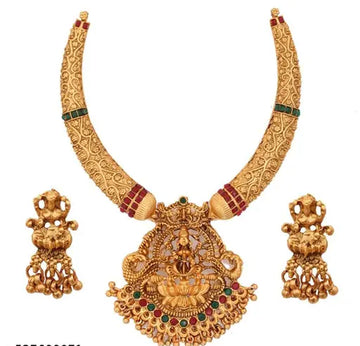Jewel City Traditional Gold-Plated Temple Necklace Set with Lakshmi Pendant & Jhumka Earrings Handcrafted Ethnic Jewelry - Distacart