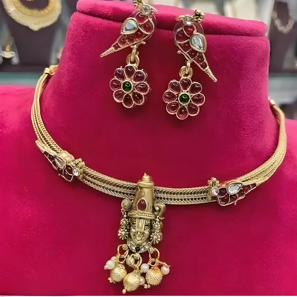 Jewel City Lord Balaji Temple Necklace Set - Antique Gold Finish Choker with Earrings | Traditional South Indian Religious Jewelry