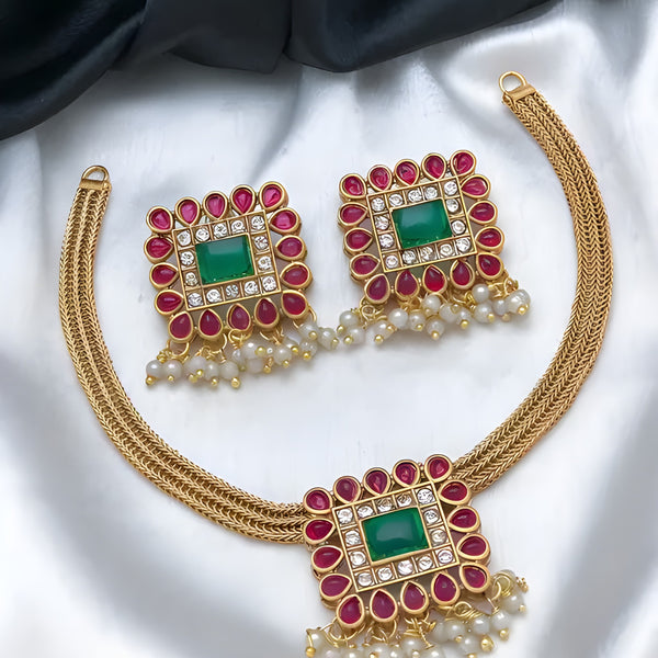 Jewel City Square Kundan Necklace Set Multicolor Stone Gold-Plated Jewelry with Pearl Drops | Traditional Indian Wedding Collection