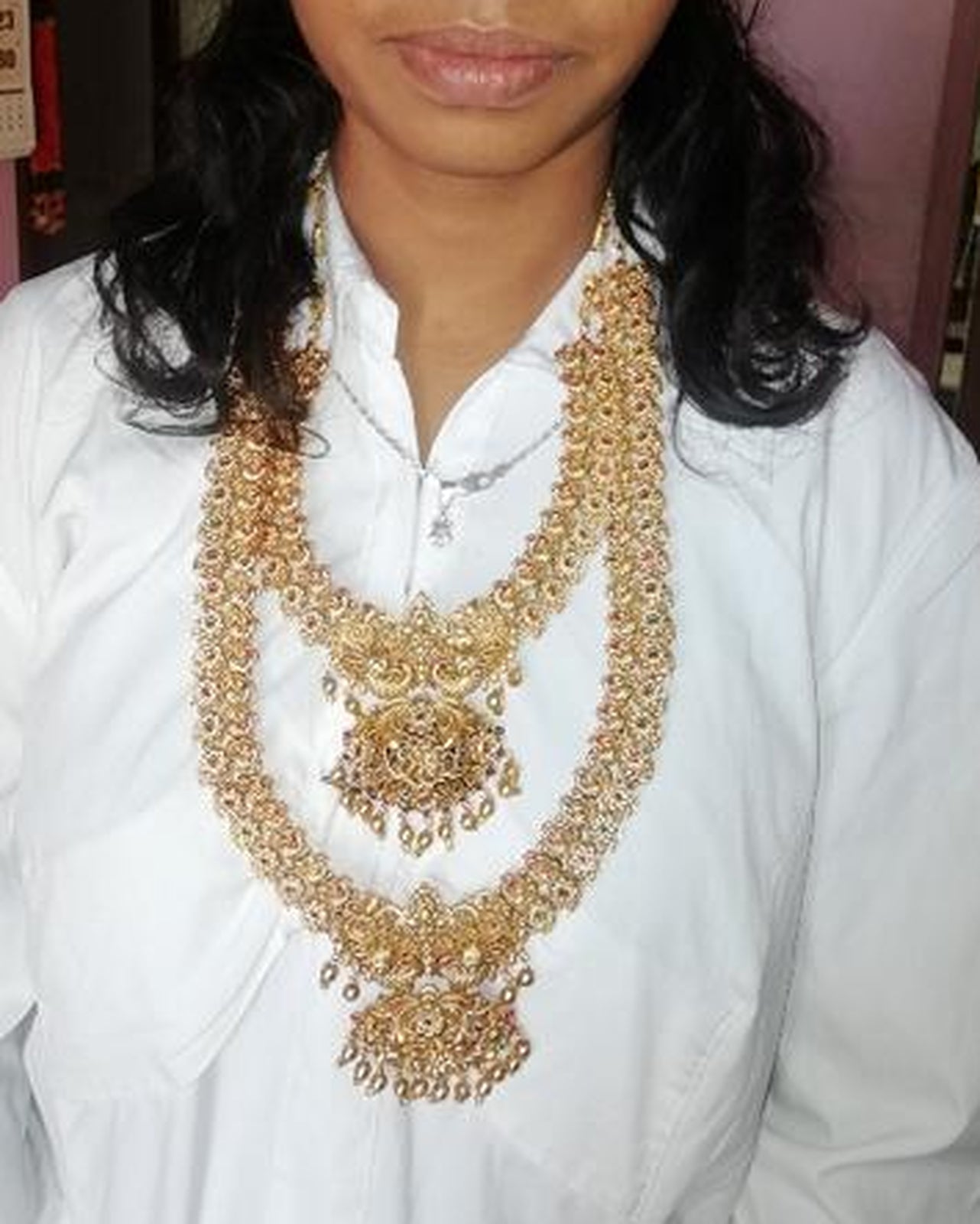 Jewel City Antique Gold Long Necklace Set - Traditional South Indian Temple Design Double Layer Bridal Jewelry with Lakshmi Pendant