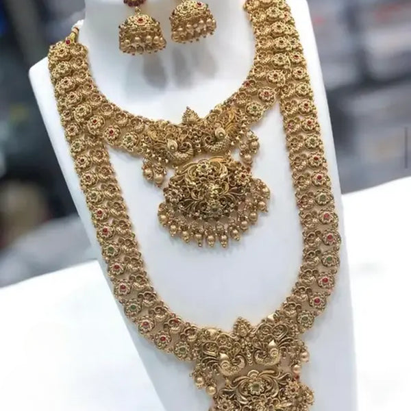 Jewel City Antique Gold Long Necklace Set - Traditional South Indian Temple Design Double Layer Bridal Jewelry with Lakshmi Pendant