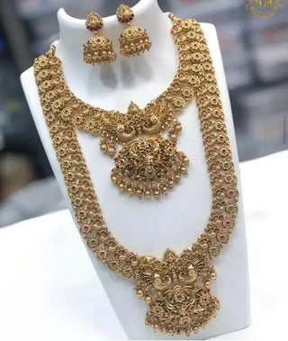 Jewel City Antique Gold Long Necklace Set - Traditional South Indian Temple Design Double Layer Bridal Jewelry with Lakshmi Pendant
